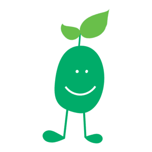 A simple green cartoon character with a round body, stick legs, a smiling face, and a leaf sprouting from the top of its head, perfect for promoting Victoria's Nature-based education program in primary schools.