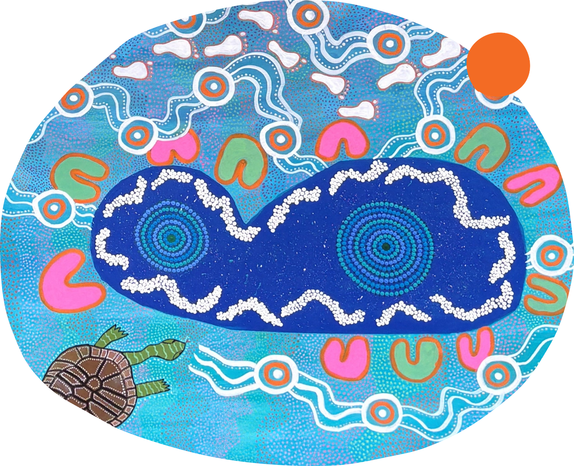 Close-up image of a flower with red and yellow filaments against a blue sky, overlaid with illustrated plant elements—ideal for revegetation projects in kindergarten and schools Australia.