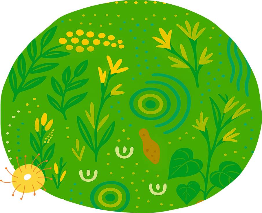 Close-up image of a flower with red and yellow filaments against a blue sky, overlaid with illustrated plant elements—ideal for revegetation projects in kindergarten and schools Australia.